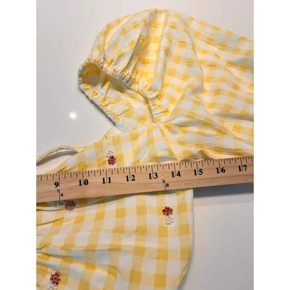 Zara Womens Yellow Gingham Puff Sleeve Cropped Blouse Large